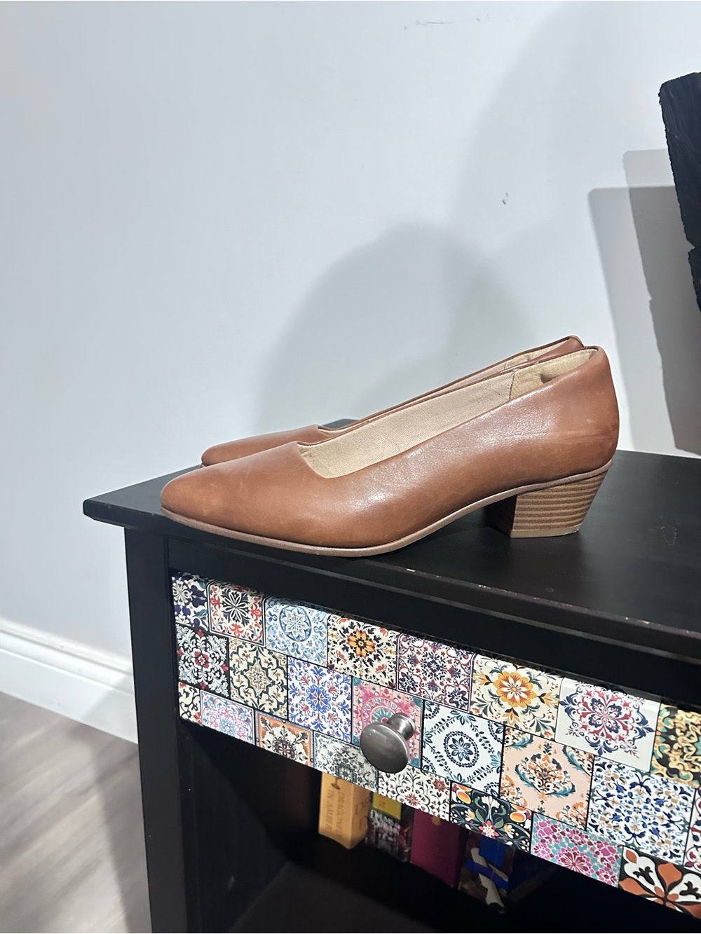 Clarks Tan Leather Low Block Heel Pumps